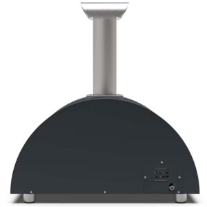Rear view of a modern outdoor pizza oven with a curved black body and a stainless steel chimney, highlighting its sleek design and ventilation features.