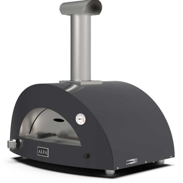 Portable outdoor pizza oven with a sleek gray design, chimney, and temperature gauge, ideal for making wood-fired pizzas.