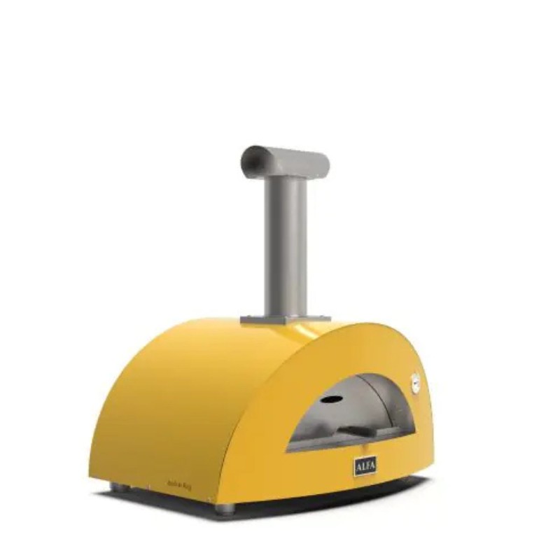 Compact yellow pizza oven with a gray chimney, designed for outdoor cooking, featuring a large opening for easy access and enhanced airflow.