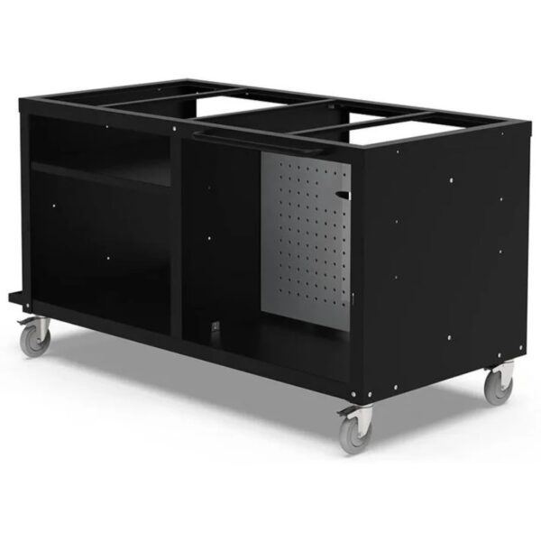 Black mobile workbench with open shelving, pegboard panel, and sturdy casters for easy mobility.