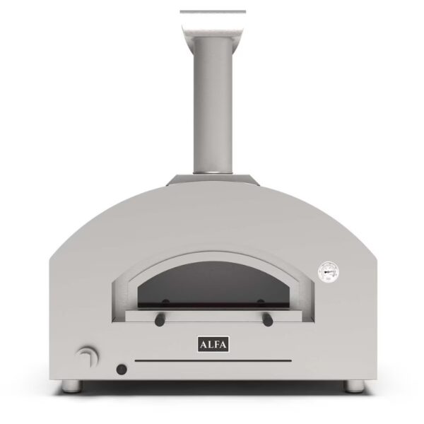 A modern outdoor pizza oven with a sleek grey design, featuring a chimney and a large opening for easy access. Ideal for cooking pizzas and other baked dishes.