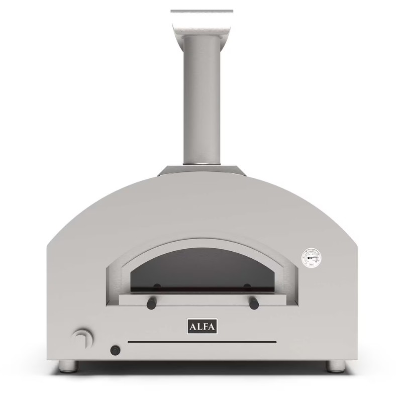A modern outdoor pizza oven with a sleek grey design, featuring a chimney and a large opening for easy access. Ideal for cooking pizzas and other baked dishes.