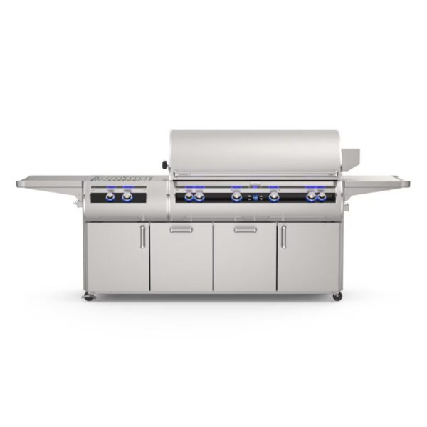 Stainless steel gas grill with four burners, side shelves, and storage cabinets, ideal for outdoor cooking and barbecues.