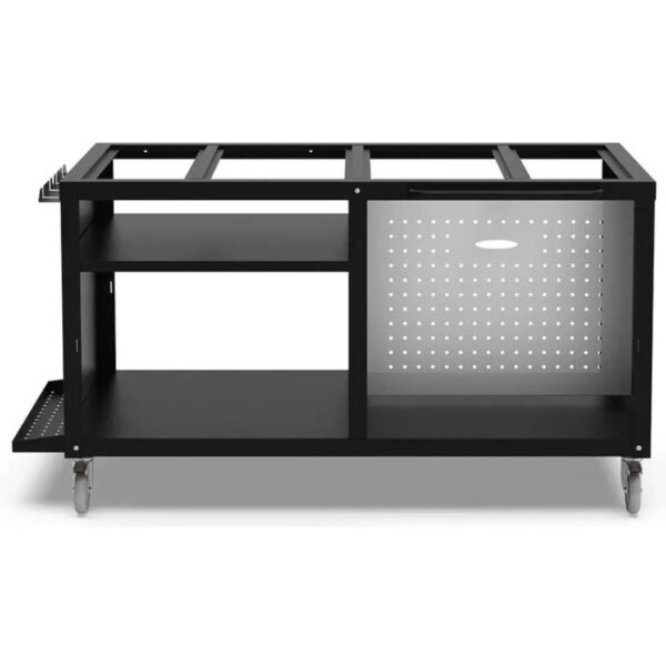 Mobile black utility cart featuring multiple shelves and a pegboard side for tool storage. Designed for versatility and easy mobility with rolling wheels.