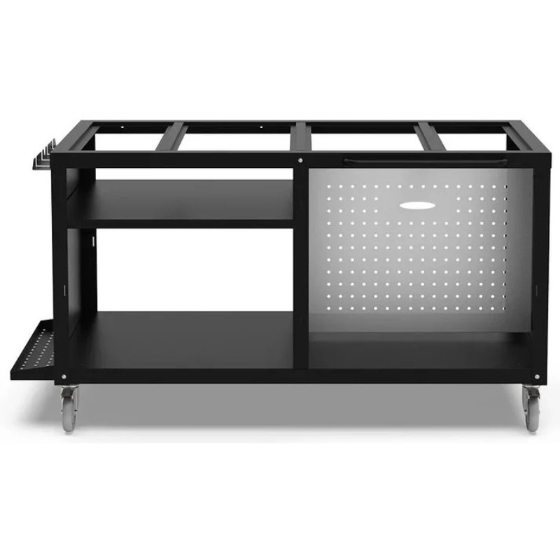 3345a719-f5f5-4597-b2f2-1509fbae79a5.jpg Mobile black utility cart featuring multiple shelves and a pegboard side for tool storage. Designed for versatility and easy mobility with rolling wheels.