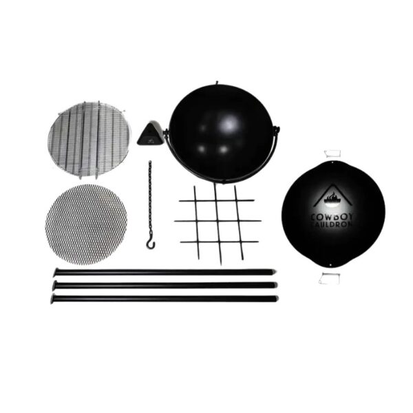 Black cooking cauldron set with grill grates, hanging hook, and support poles, ideal for outdoor cooking and grilling.