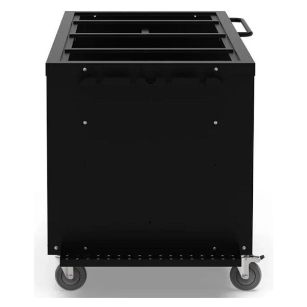 Black storage cart on wheels with a flat top and a handle, designed for mobility and organization.