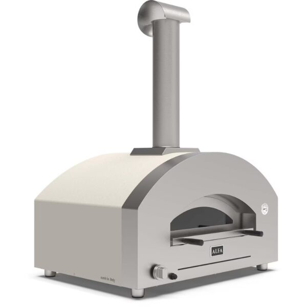 Stainless steel outdoor pizza oven with curved shape and chimney, designed for high-temperature cooking.