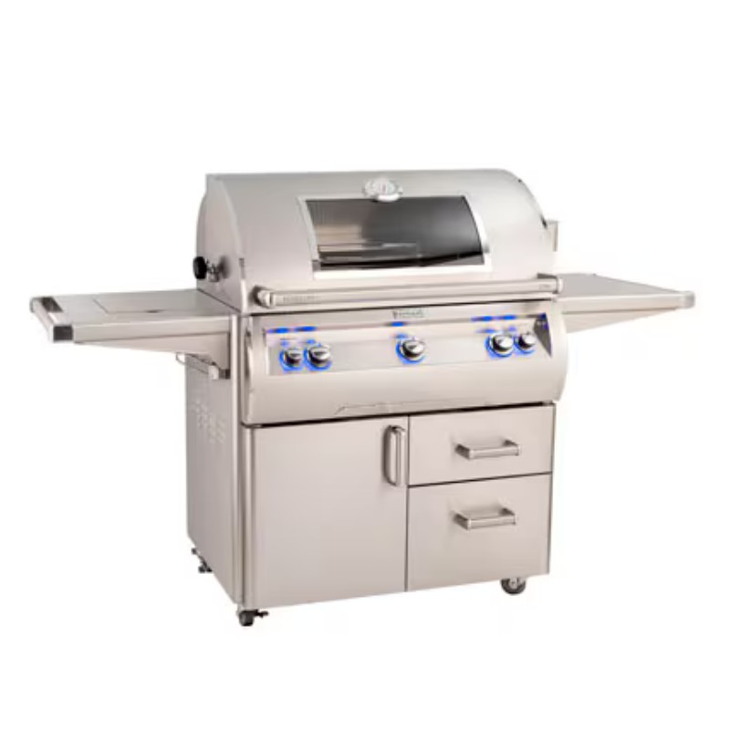Stainless steel gas grill with four burners, side shelves, and storage drawers, designed for outdoor cooking.