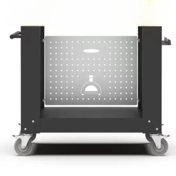 Utility cart with a perforated back panel, designed for storage and organization, featuring mobility wheels and a sleek black finish.