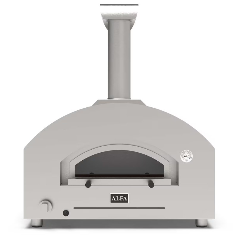 Outdoor pizza oven with a sleek gray design and chimney, featuring a large opening and temperature gauge for optimal cooking.