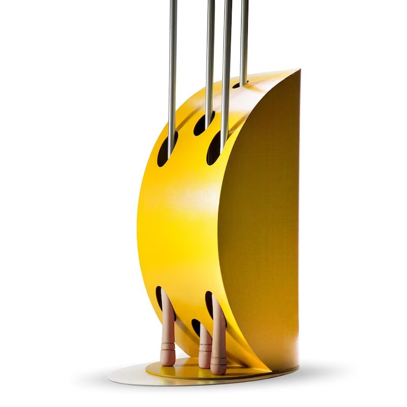 xr:d:DAF6RA8VsXw:7,j:7073319626576960876,t:24012317 Abstract yellow sculpture with three metallic rods emerging from its curved surface, showcasing a modern design aesthetic.