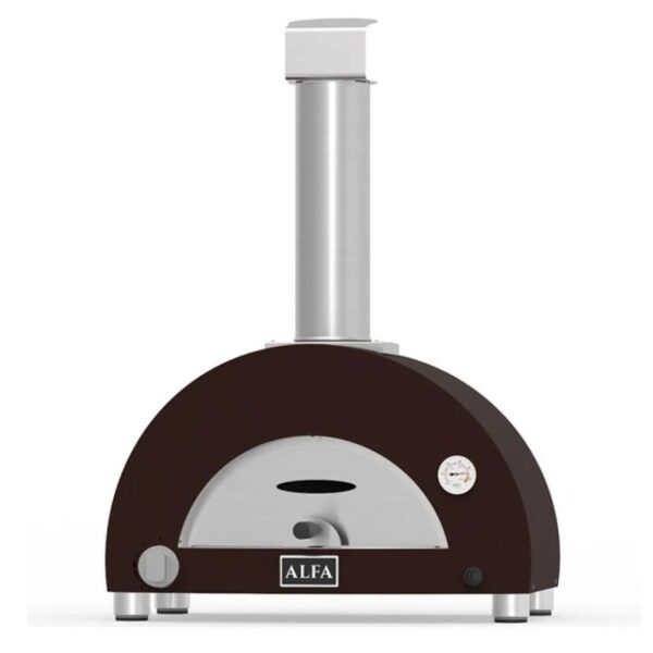Outdoor pizza oven with a stainless steel chimney, thermometer, and a sleek, circular design, branded by Alfa.
