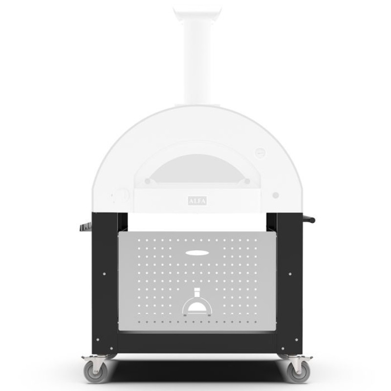 Outdoor pizza oven with a sleek design, featuring a black base and a chimney, positioned on rolling wheels for easy mobility.
