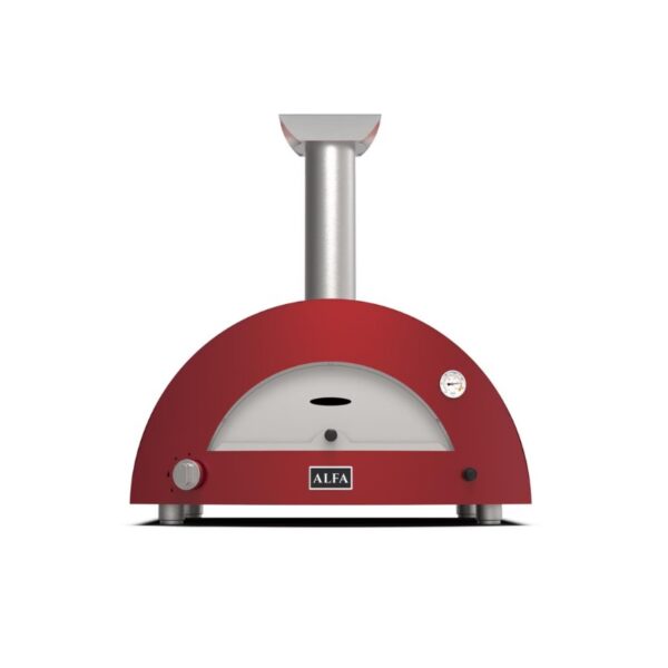Red outdoor pizza oven with a stainless steel chimney, featuring a front gauge and an "ALFA" logo, ideal for backyard cooking.