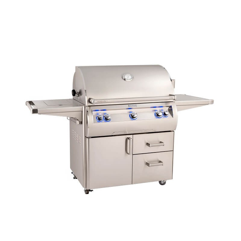 Stainless steel gas grill with side shelves and storage drawers, featuring illuminated control knobs and a sleek design for outdoor cooking.