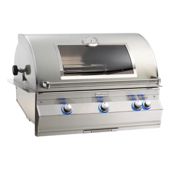 Stainless steel Fire Magic Aurora A790 grill with temperature gauge and three control knobs, designed for outdoor cooking.