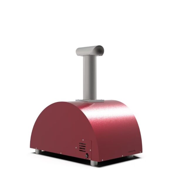 Red pizza oven with a curved body and a vertical chimney, designed for outdoor cooking.