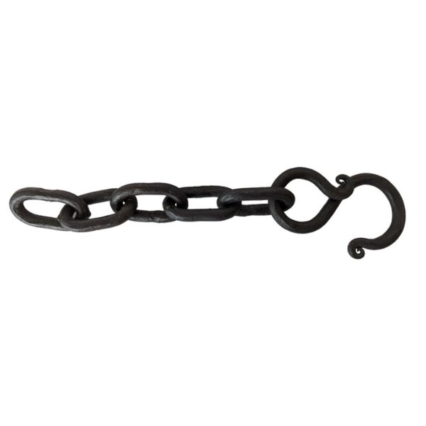 Wrought iron chain with a hook, designed for securing or connecting objects.