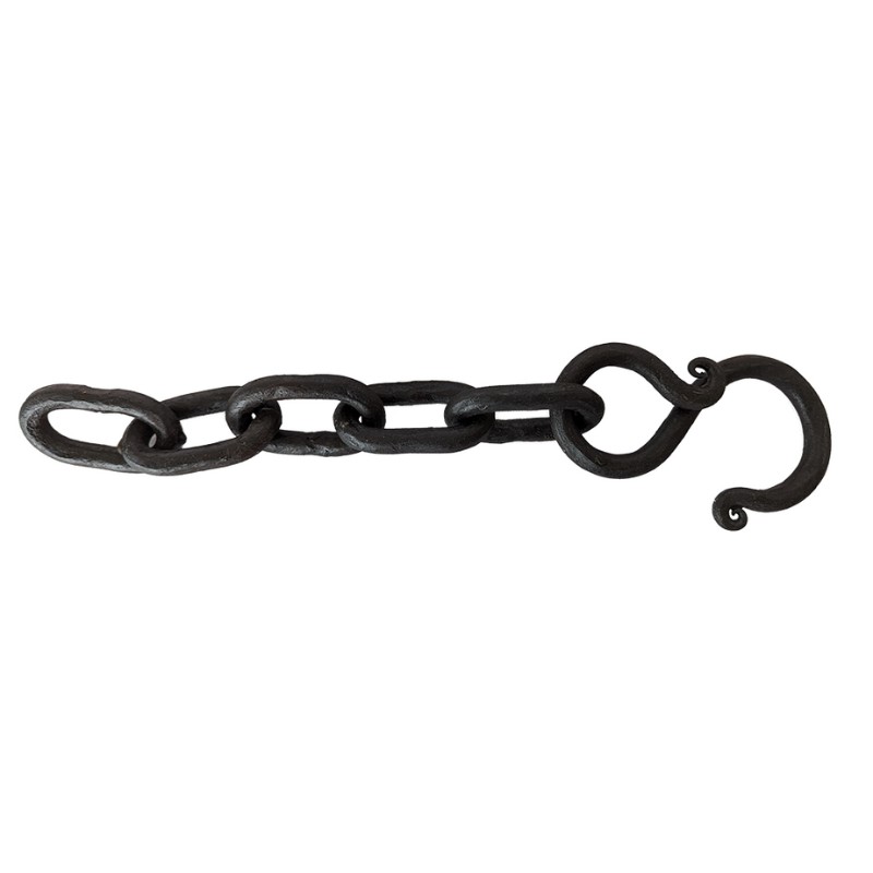 Wrought iron chain with a hook, designed for securing or connecting objects.