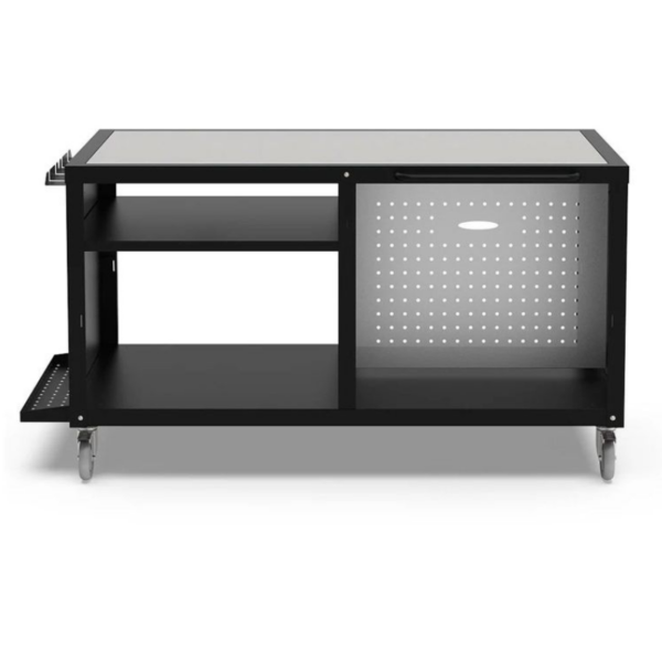 Black mobile workstation with a white top, featuring two open shelves, a perforated side panel for ventilation, and caster wheels for easy movement.