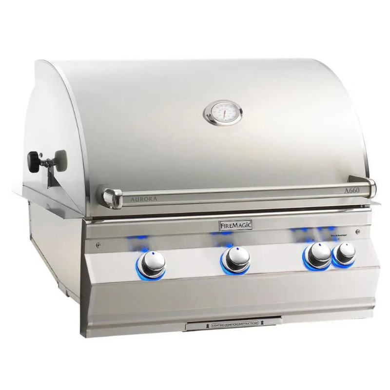 Stainless steel outdoor grill featuring a sleek design, temperature gauge, and three illuminated knobs for cooking control. Ideal for backyard barbecues.