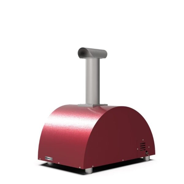 Compact pizza oven in red with a stainless steel chimney, designed for outdoor cooking.