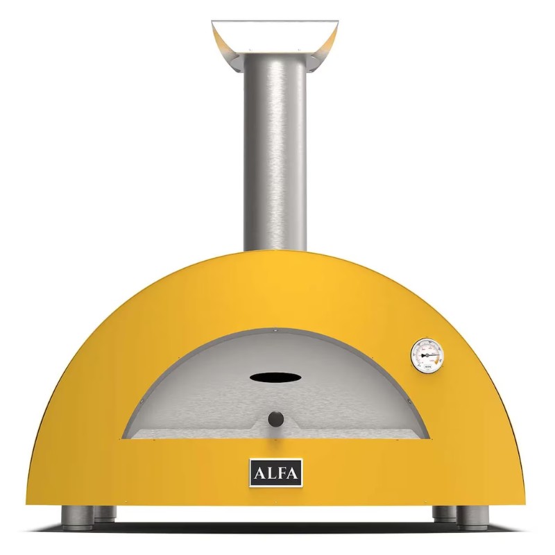 Bright yellow outdoor pizza oven with stainless steel chimney and built-in thermometer, designed for high-temperature cooking.