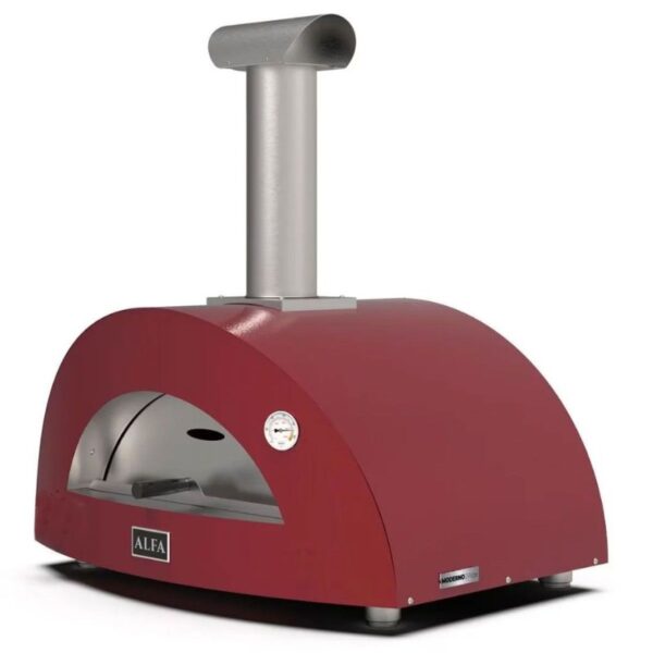 Red wood-fired pizza oven with stainless steel chimney and built-in temperature gauge. Ideal for outdoor cooking and making authentic pizzas.