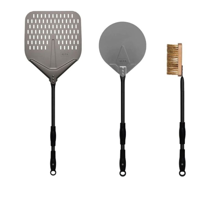 Set of three grilling tools including a pizza peel, round spatula, and grill brush, designed for efficient cooking and cleaning.