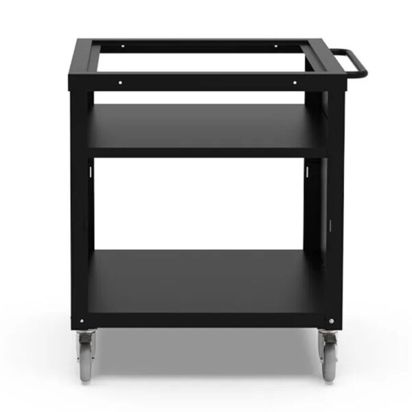 Black wheeled utility cart with two shelves and an open top design, ideal for storage and mobility in various settings.