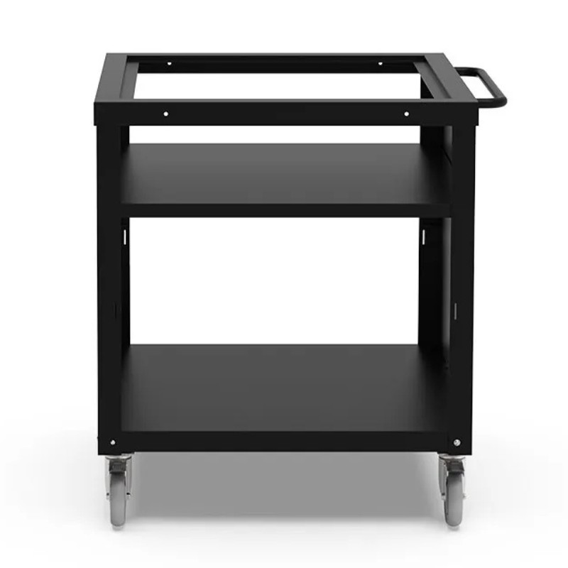 Black wheeled utility cart with two shelves and an open top design, ideal for storage and mobility in various settings.