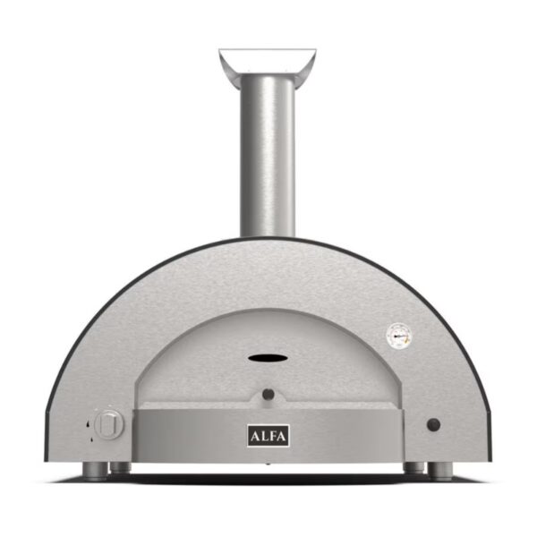 Stainless steel pizza oven with a curved design, featuring a chimney and temperature gauge, ideal for outdoor cooking.