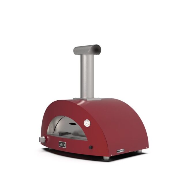 Compact red outdoor pizza oven with a stainless steel chimney and viewing window, ideal for making wood-fired pizzas.