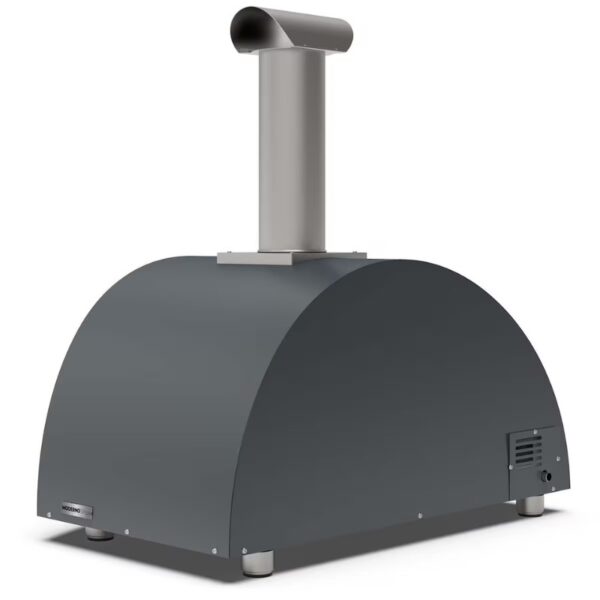 Outdoor pizza oven with a sleek, rounded black design and a chimney for efficient ventilation. Ideal for backyard cooking and entertaining.
