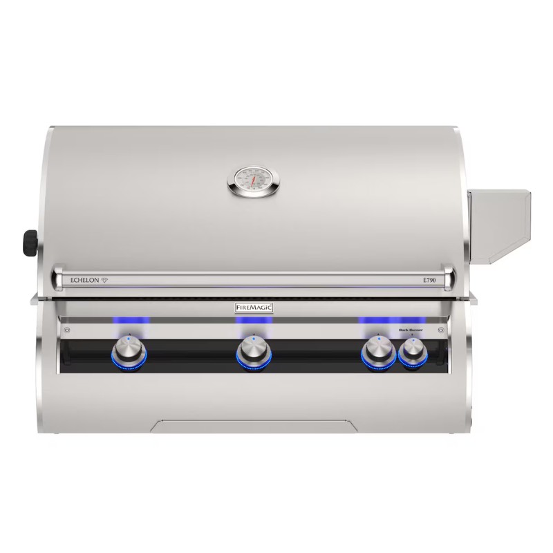 Stainless steel Fire Magic Echelon E790 gas grill with three burners, blue LED control knobs, and built-in temperature gauge, ideal for outdoor cooking.