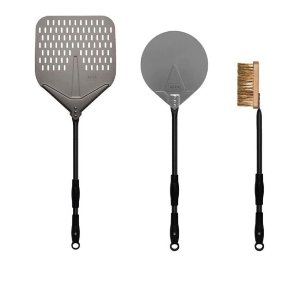 Set of three cooking utensils from Alfa: a perforated spatula, a round pizza turner, and a grill brush, each featuring long black handles for easy handling.