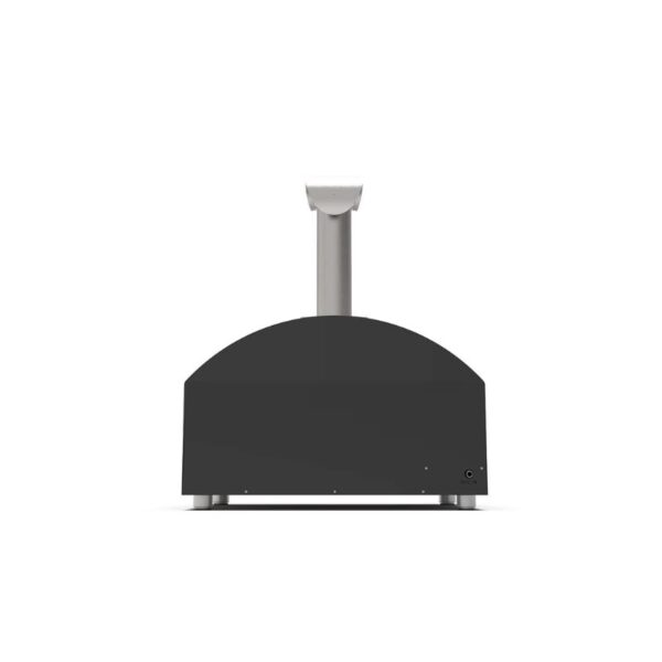 Black outdoor pizza oven with a stainless steel chimney, featuring a curved design and a sturdy base.
