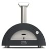 Black outdoor pizza oven with a stainless steel chimney and temperature gauge, designed for high-efficiency cooking.