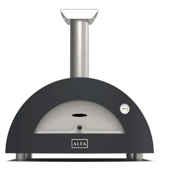 Black outdoor pizza oven with a stainless steel chimney and temperature gauge, designed for high-efficiency cooking.