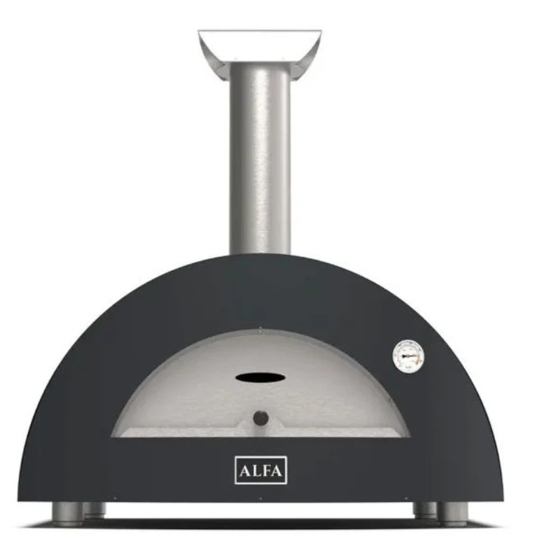 Black outdoor pizza oven with a stainless steel chimney and temperature gauge, designed for high-efficiency cooking.