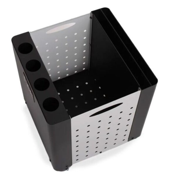 Storage organizer with multiple compartments, featuring a sleek black and silver design, ideal for office or home use.