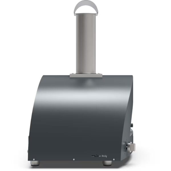 Outdoor pizza oven with a sleek grey design and a chimney, showcasing Italian craftsmanship.