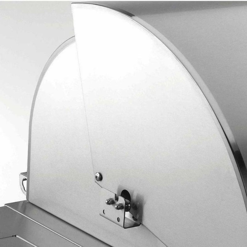 Stainless steel pizza oven door with a curved design and secure latch mechanism.