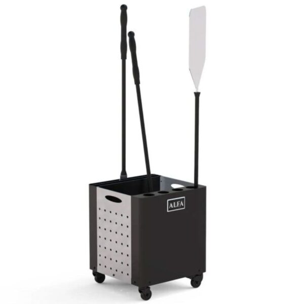 Black outdoor pizza oven tools cart with handle, paddle, and wheels for easy mobility.