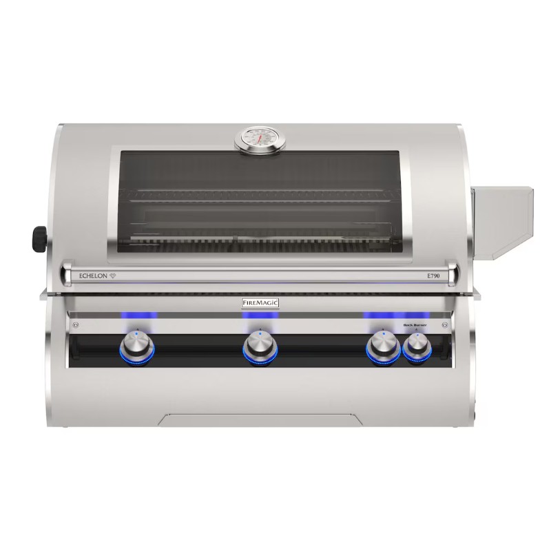 Stainless steel Fire Magic Echelon E790 gas grill with three burners, blue LED control knobs, and a built-in thermometer, designed for outdoor cooking.