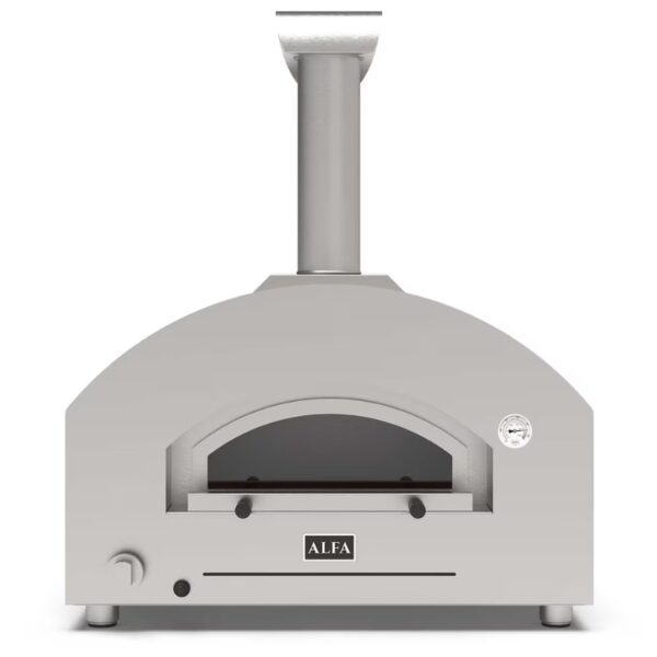 Outdoor pizza oven with a sleek gray design and chimney, featuring a front opening and temperature gauge, ideal for home cooking.