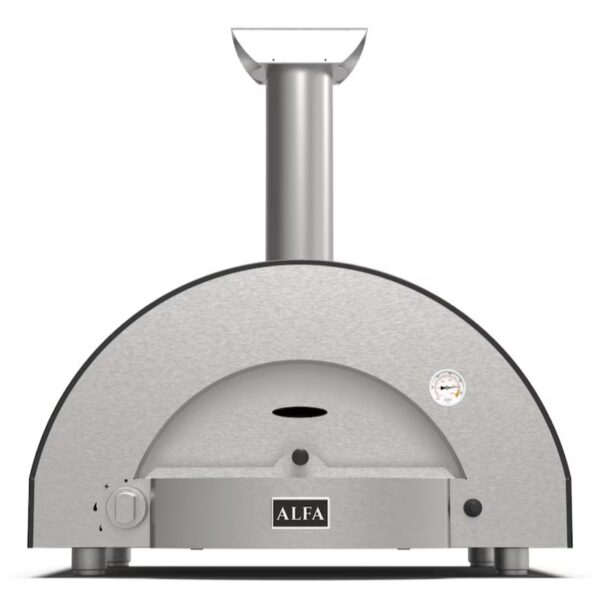 Stainless steel pizza oven with a rounded design and chimney, featuring a temperature gauge and control knob, ideal for outdoor cooking.