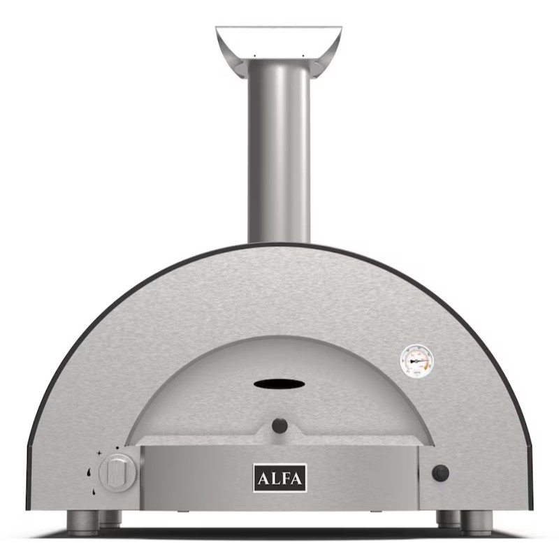 Stainless steel pizza oven with a rounded design and chimney, featuring a temperature gauge and control knob, ideal for outdoor cooking.