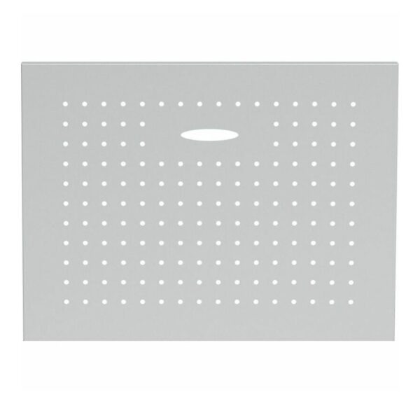 Perforated metal sheet with evenly spaced holes, featuring a central oval handle for easy handling and installation. Ideal for tool storage or wall organization.